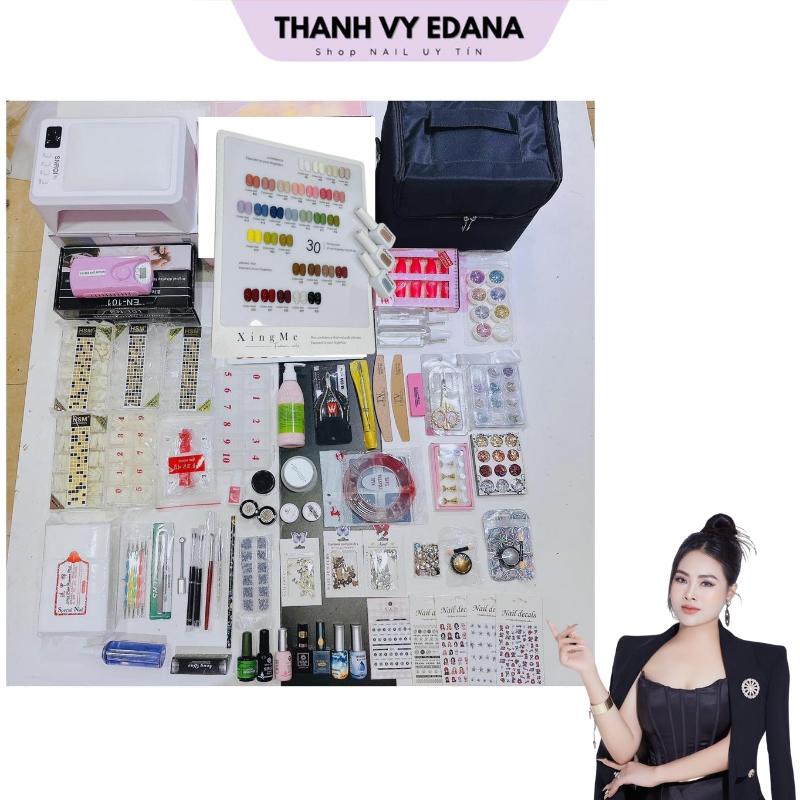 Bộ Sét Đồ Nail Chuyên Nghiệp Thanh Vy EDANA - Cốp Vải Đựng Đồ, Máy Hơ T8 72ư, Máy Mài En101, 30 Màu Sét Sơn, 14 Khía Đá, 100V Lộn Xộn