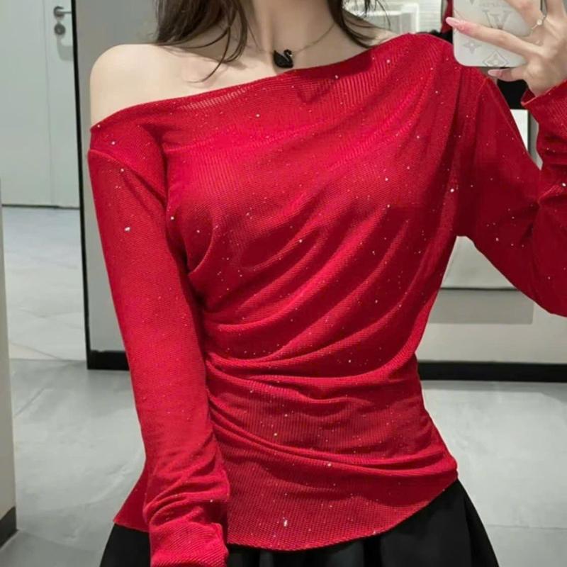 Áo lệch nữ vai tay dài bigsize áo trễ vai ôm body dễ thương áo thun nữ dài tay thun nhũ kim tuyến lưới LIMO MS300 Top áo woment áo  lệch Nhung