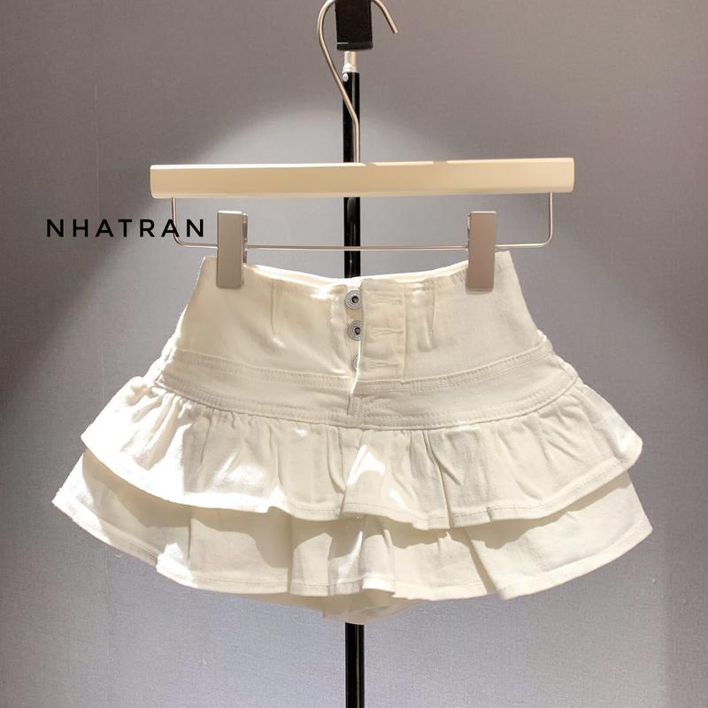 nhatran - Chân váy jean nữ phom ngắn xòe 3 cúc chất jean co dãn có lót quần bảo hộ Women MS0058