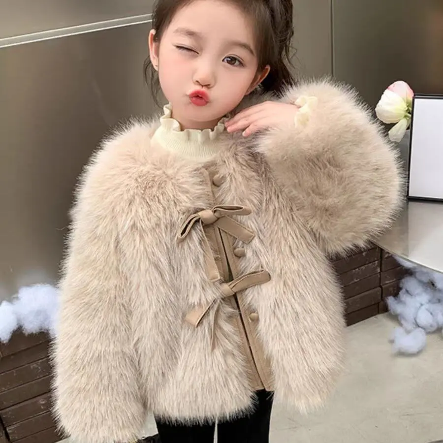Áo khoác cho bé gái, hàng mới về, áo len lông giả, có nơ cho trẻ em, phong cách phương Tây, áo sơ mi cotton đầy đủ hình con voi
