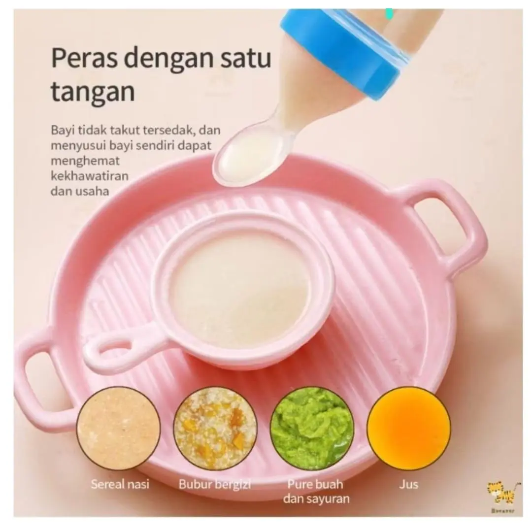 Botol Sendok Makan Bayi Silicon BPA free Biru Kuning