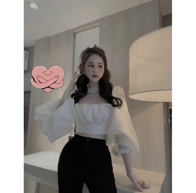 Áo crotop cổ vuông tay phồng chất vải xốp Nữ Women Trắng