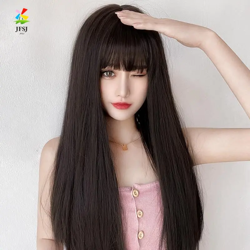 Wig Rambut Panjang Wanita Ikat Kepala Penuh Rambut Lurus Panjang dengan Poni Temperamen Rambut Hitam Panjang Lurus Alami Rambut Panjang Sedang