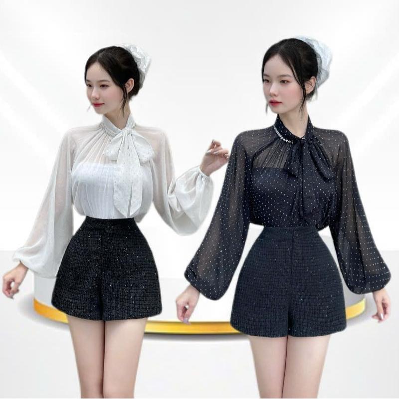 Áo Sơ Mi Nữ Thiết Kế EMME A397 Cổ Tròn Đính Đá Nguyên Vòng Cột Nơ Tay Bồng Cách Điệu [ Kèm Áo Ống ]