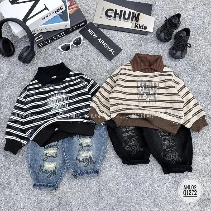 Áo nỉ kẻ cổ len bẻ có lót cho bé