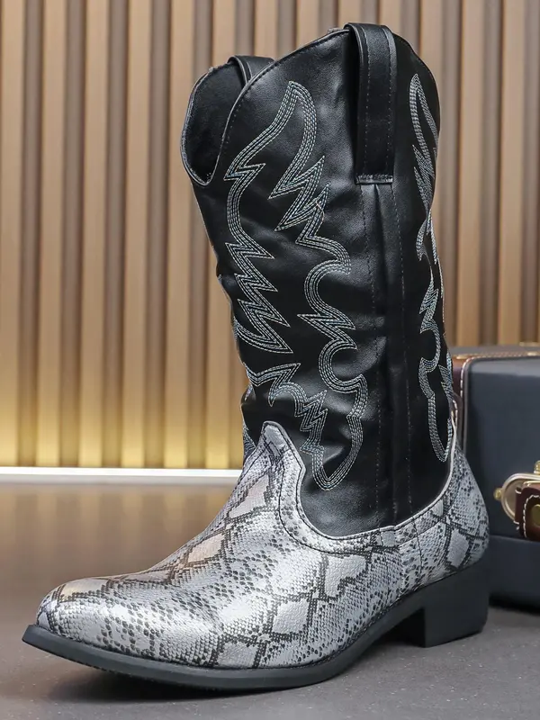 Men's Fashionable Snakeskin Print Embroidering Design Boots, Punk Style Cowboy Boots for Daily Wear, Fashion Vintage Shoes for Party, Daily Clothing Decor 4