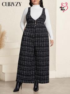 CURVZY Plus Size Plaid Print Pocket Overalls Jumpsuit, Elegant Sleeveless Fake Buttons Decor Overalls Jumpsuit for Fall, Women's Plus Clothing for Daily Wear