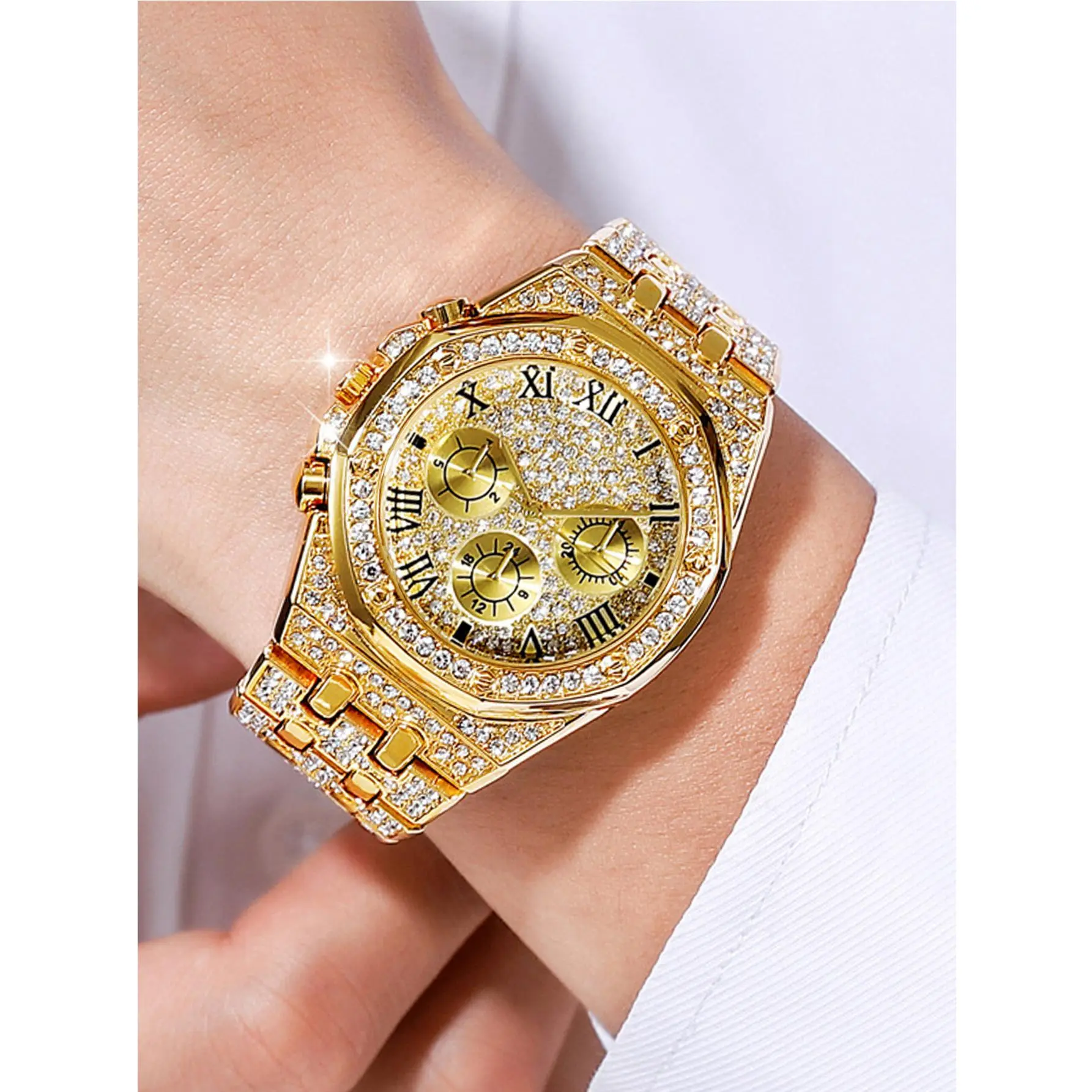 Đồng Hồ Doanh Nhân, Bán Chạy, Đầy Đủ Kim Cương Thắt Lưng Thép Ngôi Sao, Mặt Kim Cương Đầy Đủ, Ba Mắt, Chữ Số La Mã, Thạch Anh, Thích Hợp Cho Nam Và Nữ