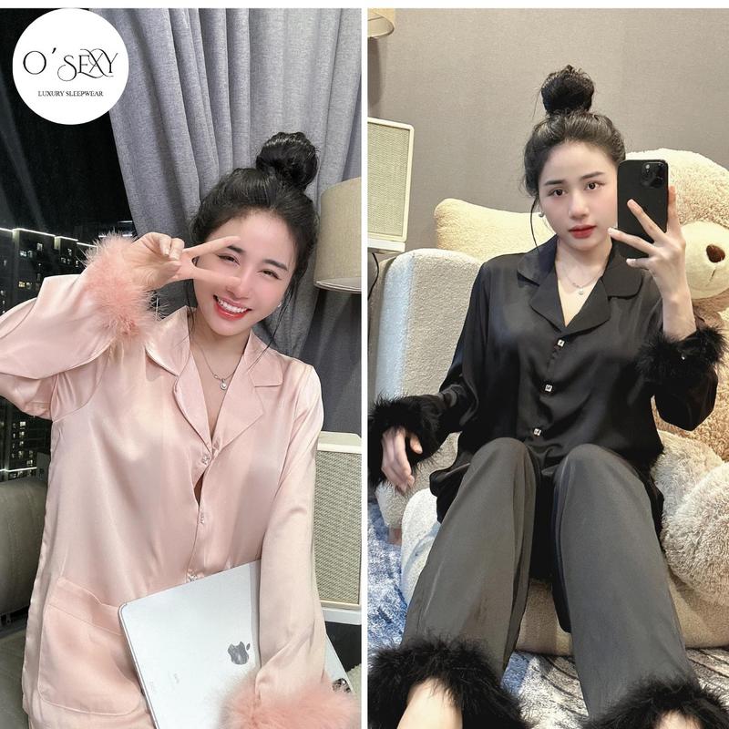 Bộ pijama tay dài viền lông chất lụa latin sang chảnh tay dài quần dài cổ sơ mi đồ mặc nhà nữ siêu xinh Women Voi Quần Ngủ Kem