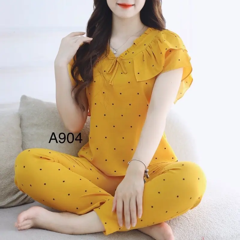 (37kg-68kg) Sét bộ mặc nhà nữ hàng thiết kế tay phối 2 lớp cánh tiên vải lụa Hàn mềm Women Áo Quần Ngủ Top sau sinh có bigsize Cạp Cao 4