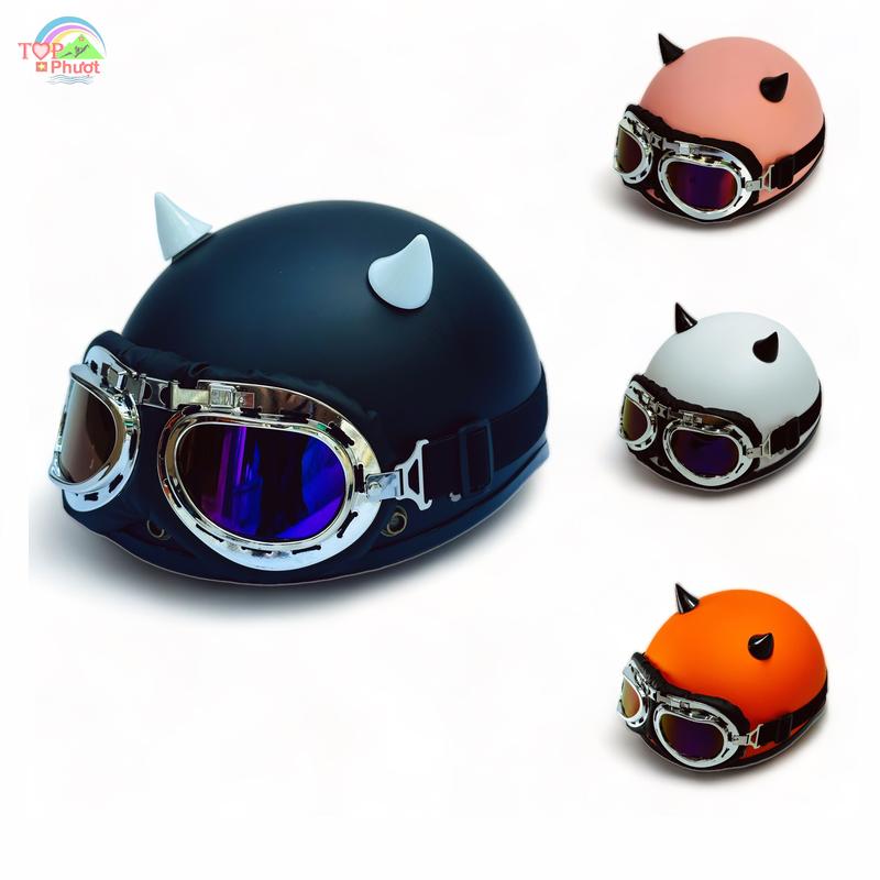  Mũ bảo hiểm 1 2 chính hãng SRT cute kính phi công kèm sừng tiểu quỷ - Hàng cao cấp tặng kèm hình dán sticker Helmet 