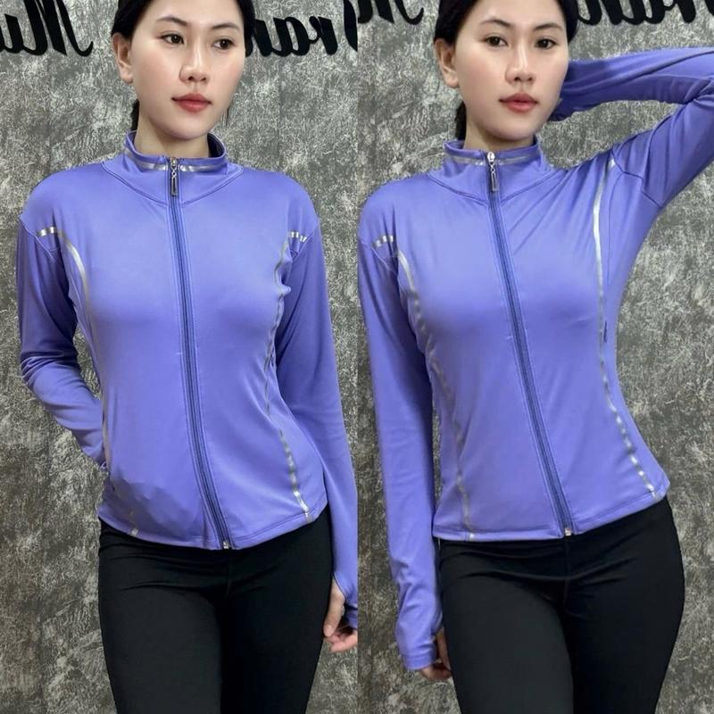 Áo khoác thể thao Y16 NỮ chất liệu poly 2 da co dãn 4 chiều có 2 túi kéo ngoài, 2 túi trong, tay dài sỏ ngón chống nắng . họa tiết in cổ 2 bên sườn tạo điểm nhấn GYM YOGA chạy bộ 9