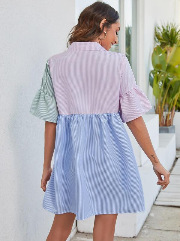 Women's Colorblock Striped Print Button Front Shirt Dress, Summer Clothes, Casual Flounce Sleeve Collared Short Dress for Summer, Ladies Clothes for Daily Wear 4