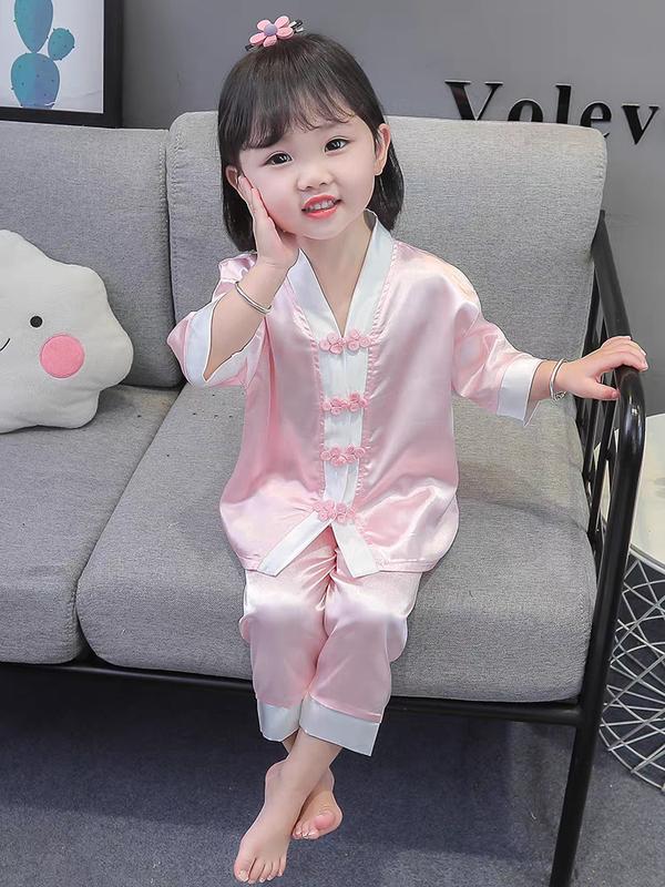 MẸ BING- [10-25KG] bộ đồ ngủ lụa mềm mịn mát cho bé gái, tay ngắn kết hợp hoạ tiết và nút nhìn lạ mắt, màu sắc tươi tắng , chất mềm mịn mát phù hợp cho mùa hè, bé mặt nhà đi dạo phố. babytee  đồ ngủ 5