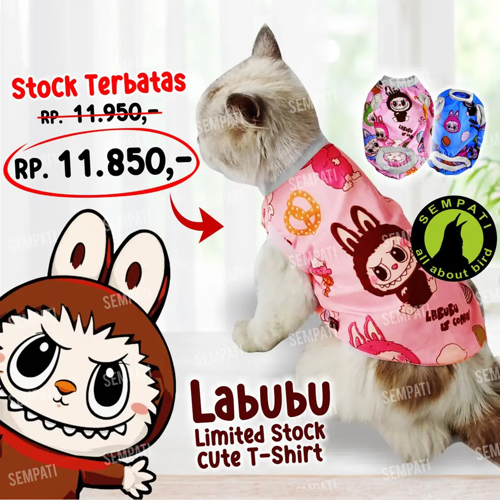 SEMPATI Baju Kucing Motif Labubu Full Color Warna Pink Biru Pakaian Kaos Singlet T Shirt Kostum Santai Hewan Peliharaan Kucing Anjing Cat Kitten Adult Anabul Puppy Tank Labubu Series