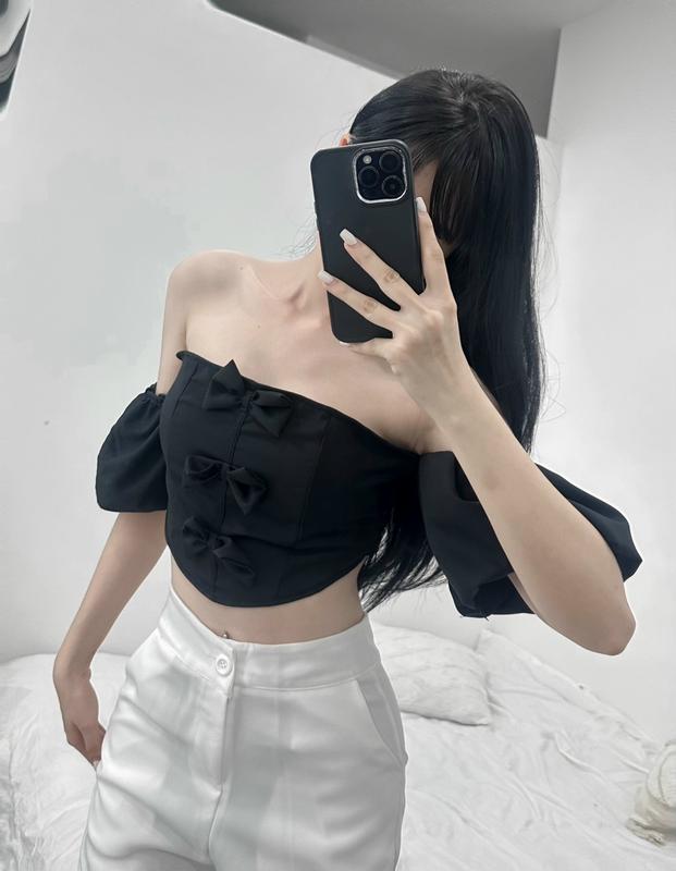 Áo Croptop Tay Phồng Có Nơ Xinh Xắn Shop Tiến Linh Nữ Women Voi Voan Sơ Mi Dáng Ngắn Đen