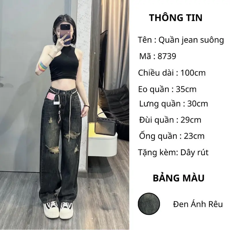 Quần jean rách gối MELINA ( tặng kèm dây)  quần bò suông dành cho nữ hiện đại thời trang màu đen ánh rêu 8739 quần  jean quần  baggy quan  jean ong rong 2