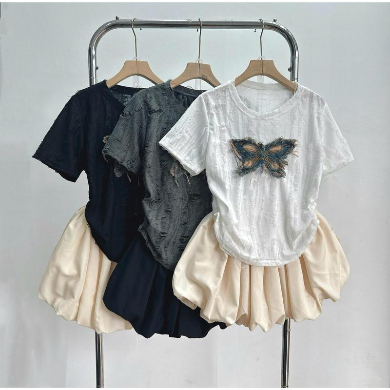 Áo Kiểu Bigsize Nữ Cổ tròn Tay Ngắn Thêu Họa Tiết Thiết Kế Nhún Chun Eo Vải Xược  50-95kg A249 Women Top Nhung Thun