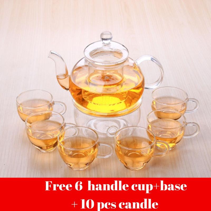 Product Introduction of [High Quality] Flower tea pot Glass Teapot heat preservation + Free 6 handdle Tea Cups + base March Tea 0