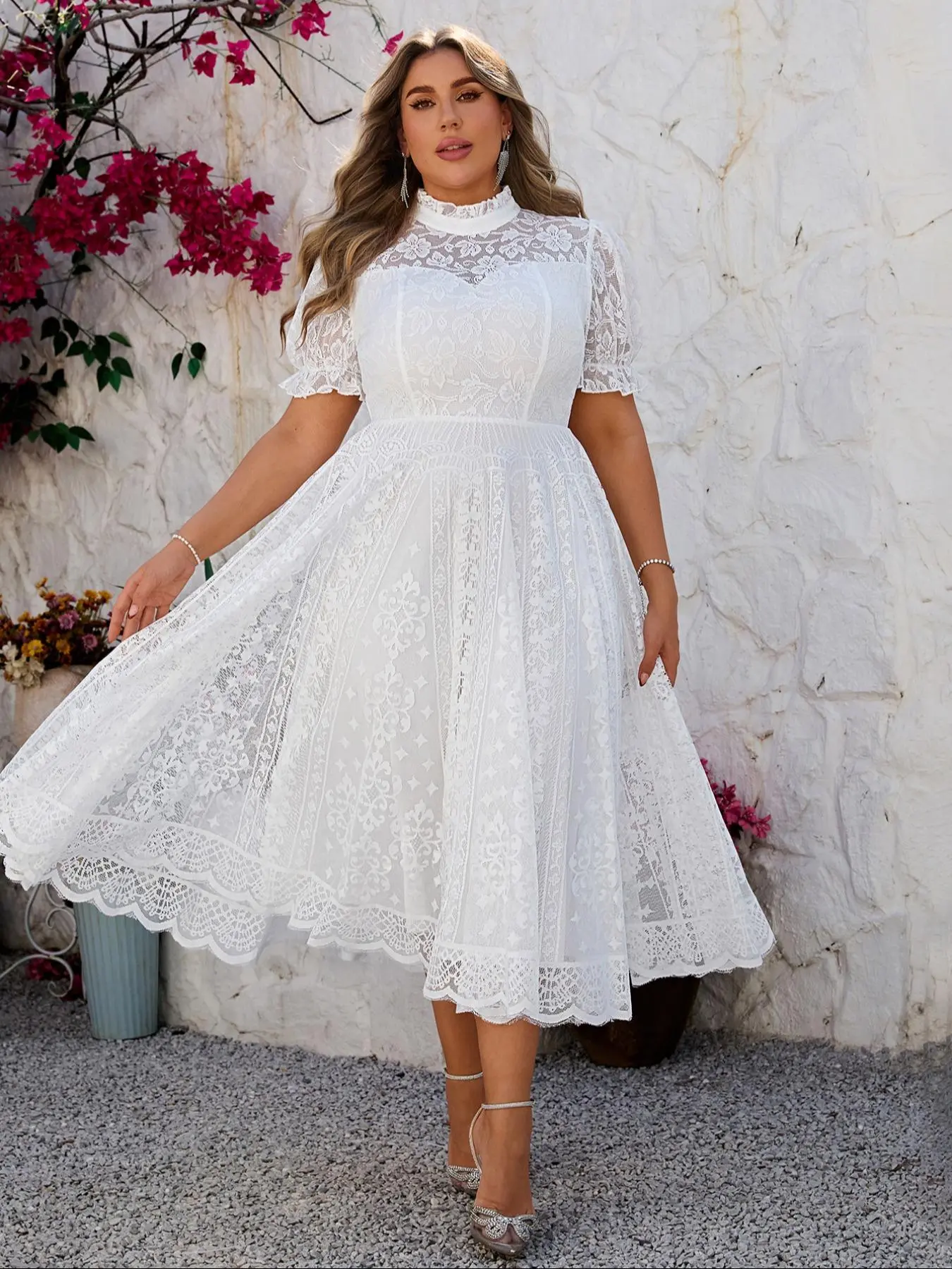 【Plus Size】 Plain Lace Dress, Elegant Mock Neck Short Sleeve Dress for Party Wedding Guest, Women's Clothes for Spring & Fall