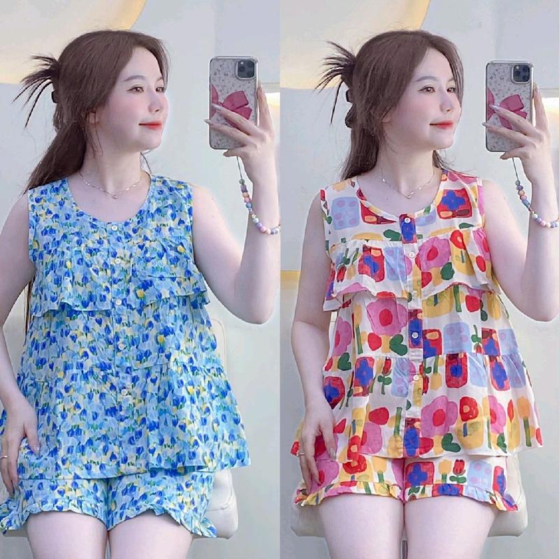 KA23- MS02 Đồ Bộ Tole Lanh Nữ  Mặc Nhà Áo Sát Cánh Tầng Quần Đùi Size 40-80kg Hoạ Tiết Hoa Hình Mát Thoáng