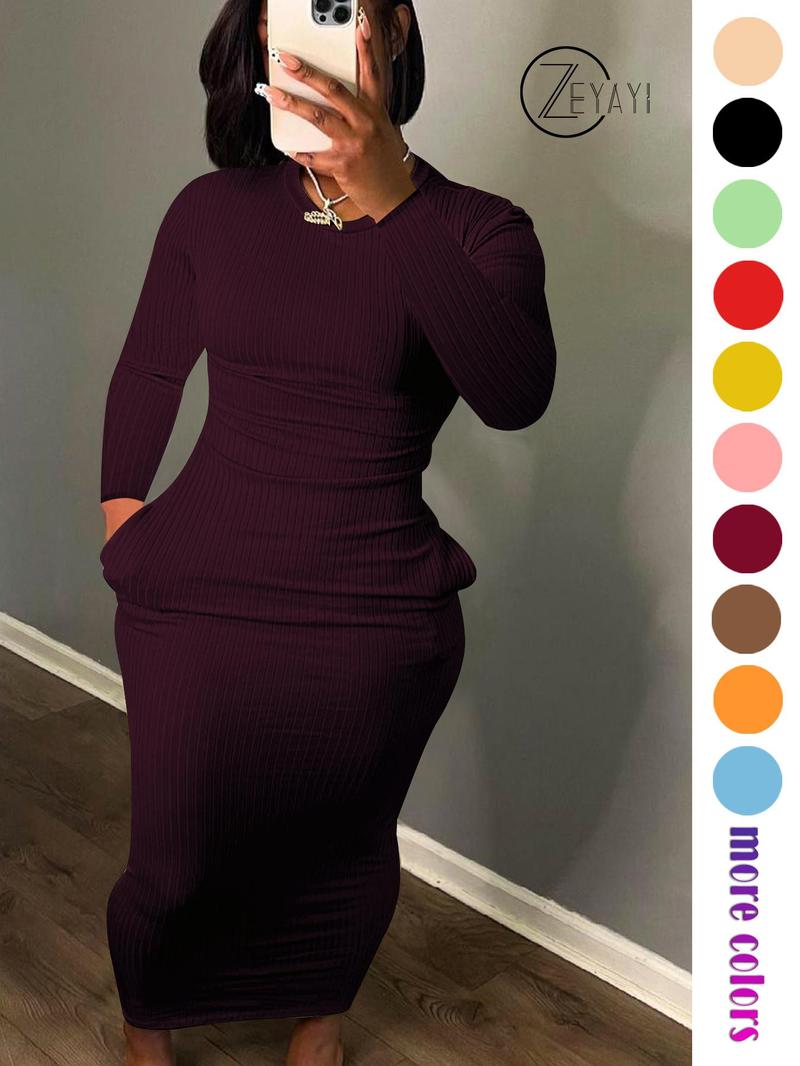 Product Introduction of Women's Solid Pocket Long Sleeve Bodycon Dress, Elegant Round Neck Dress for Party Holiday Wedding Guest, Ladies Fall & Winter Clothes, 2025 Trend, Spring & Fall Clothing, Going Out Dresses 8