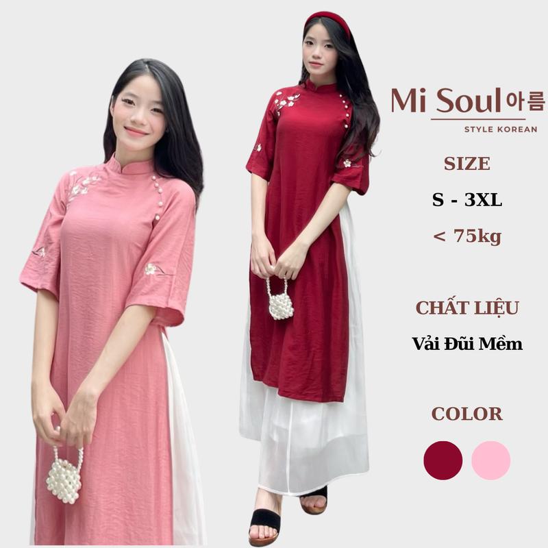 Áo Dài Thêu Hoa Đính Cúc Ngọc Chéo Tay Lỡ Kèm Chân Váy Dáng Dài Có Lót Trong Cạp Chun Vải Đũi BigSize Misoul 348 Nữ Kem Đỏ