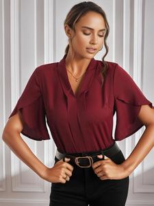 YOZY Women's Solid V Neck Petal Sleeve Blouse, Casual Half Sleeve Top for Spring & Fall, Women's Clothing for Daily Wear