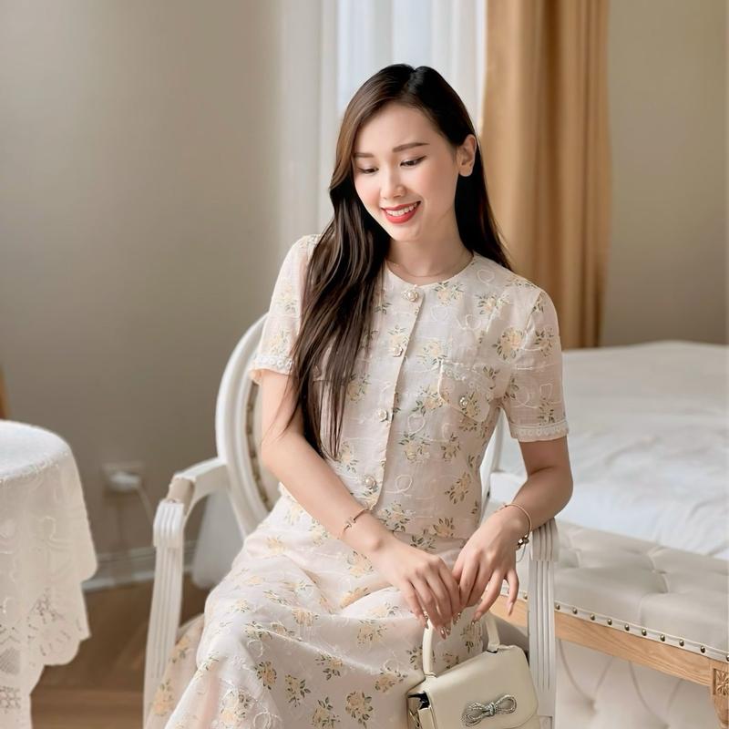 Lita set bộ váy kèm áo hoa vàng cổ tròn tay ngắn mặc đi làm đi tiệc thanh lịch sang trọng V092 Nữ Women Voan Kem Dress 3
