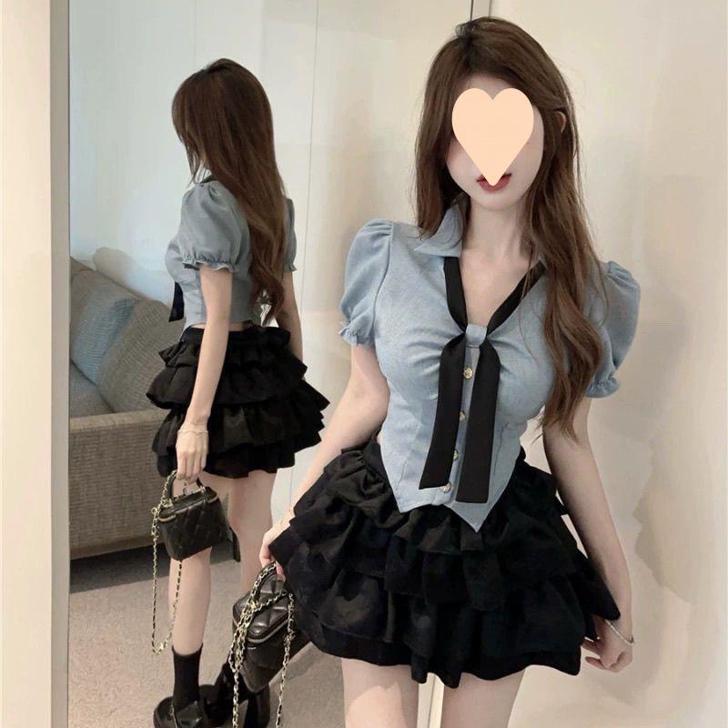 Pure Desire Hot Girl Uniform Two-Piece Set Shirt Short Top Cake Puff Skirt High Waist Slimming Short Skirt Set 5