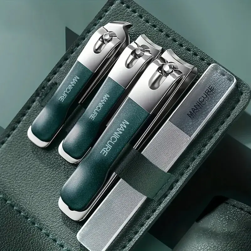 4 pieces/set Manicure Set with Portable Leather Case and Nano Nail File - Fingernails & Toenails Clippers for Nail Care (Green) Cutics Nail Art
