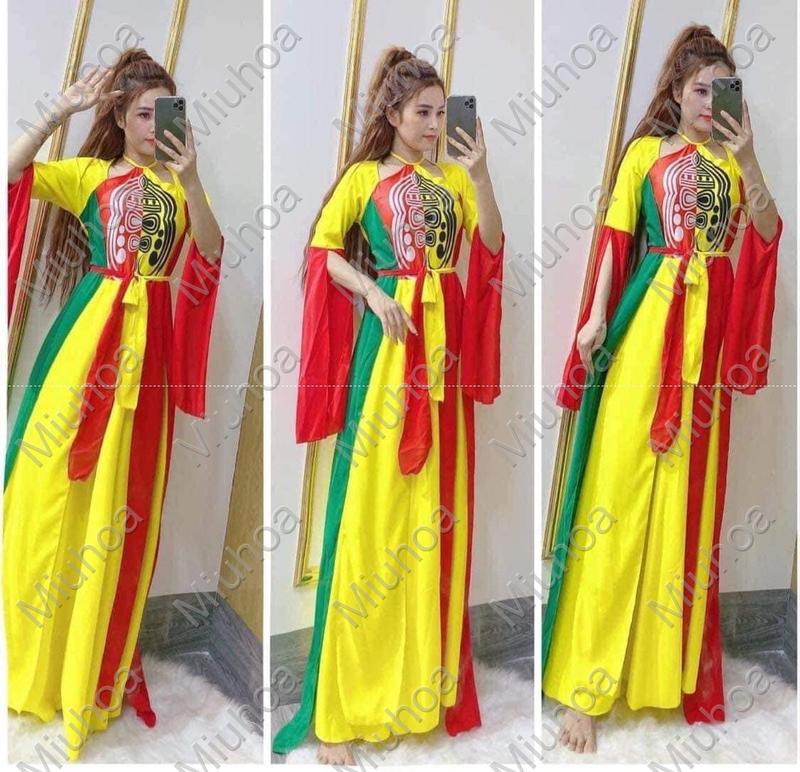 Trang phục biểu diễn múa dân gian hội làng, Áo dài tứ thân truyền thống dân tộc  màu xanh cam kèm quàn ống váy