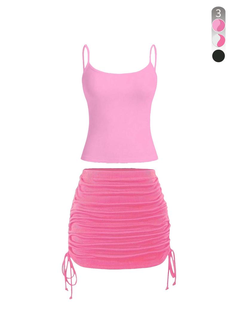 Product Introduction of Two-Piece Set Women's Solid Color Cami Top & Drawstring Side Skirt, Casual Fashion Cozy Clothing Sets for Daily Outdoor Wear, Ladies Summer Clothes 4