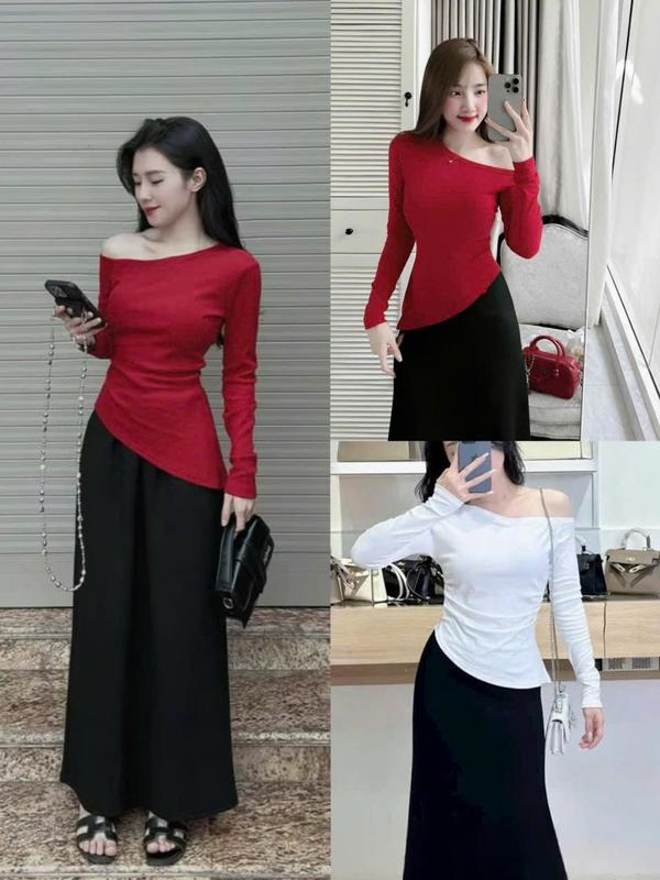 Set áo tay dài cổ lệch vạt xéo phối váy xòe dài thanh lịch - thun gân tăm BB832 set bộ , set nữ tôn dáng , set chân váy , set bộ nữ , set đi biển , set váy