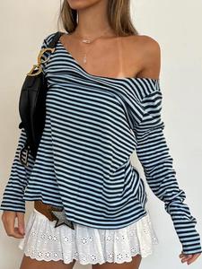 Women's Striped Print V Neck Tee, Casual Long Sleeve T-shirt for Fall & Winter, Women's Clothing for Daily Wear