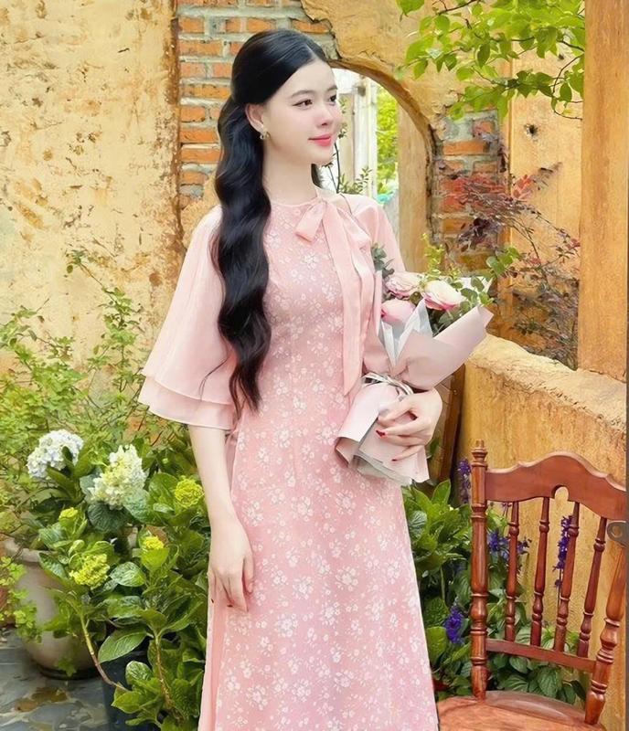 Áo dài cách tân nguyên set tặng quần thiết kế cổ yếm nơ tơ hoa 4 tà mềm nhẹ nhàng xinh xắn tay 2 lớp cực mịn mát _ TINI DRESS