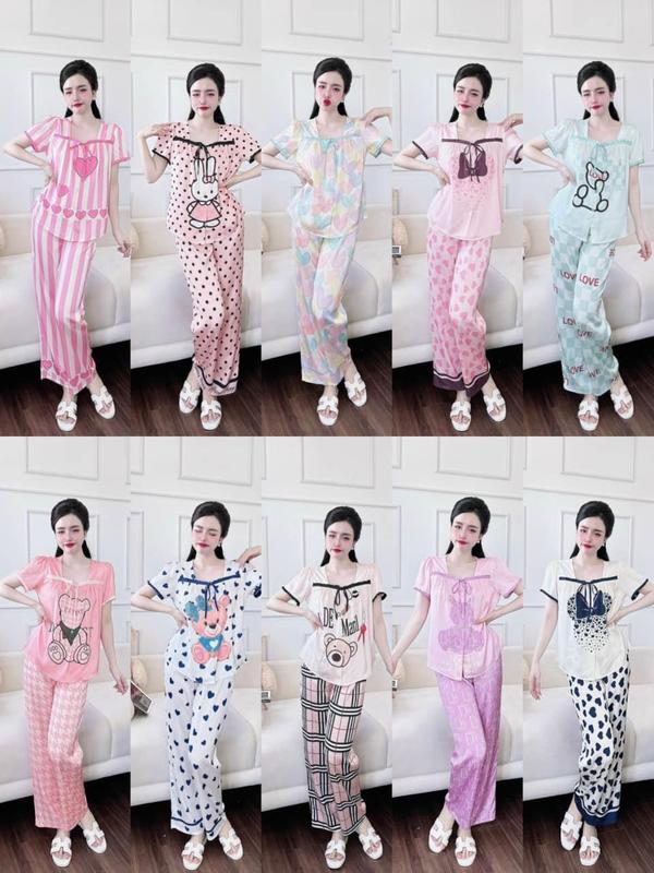 [size 40 tới 70kg] ĐỒ BỘ PIJAMA Quần dài Áo cổ vuông VẢI LỤA XƯỚC TAY NGẮN MỀM MÁT