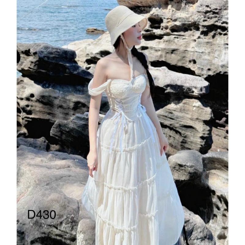 Set váy maxi đi biển chất tơ xốp phối ren kèm mút áo trễ vai nhúng eo, dây thắt nơ, váy dài đi biển dáng xòe nhẹ nhàng 2