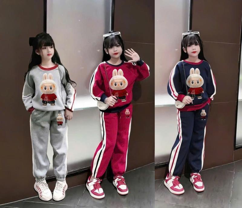 Bộ đồ thu đông nỉ tàu in hình Labubu cho bé gái bé trai (Hoạ tiết sọc Labubu) từ 9-44kg mã 2852