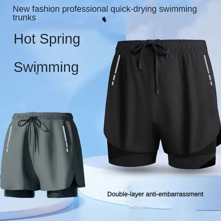 Men's Double-Layer Anti-Exposure Quick-Dry Breathable Swim Trunks, 3/4 Length, Adult Plus Size Beach Shorts