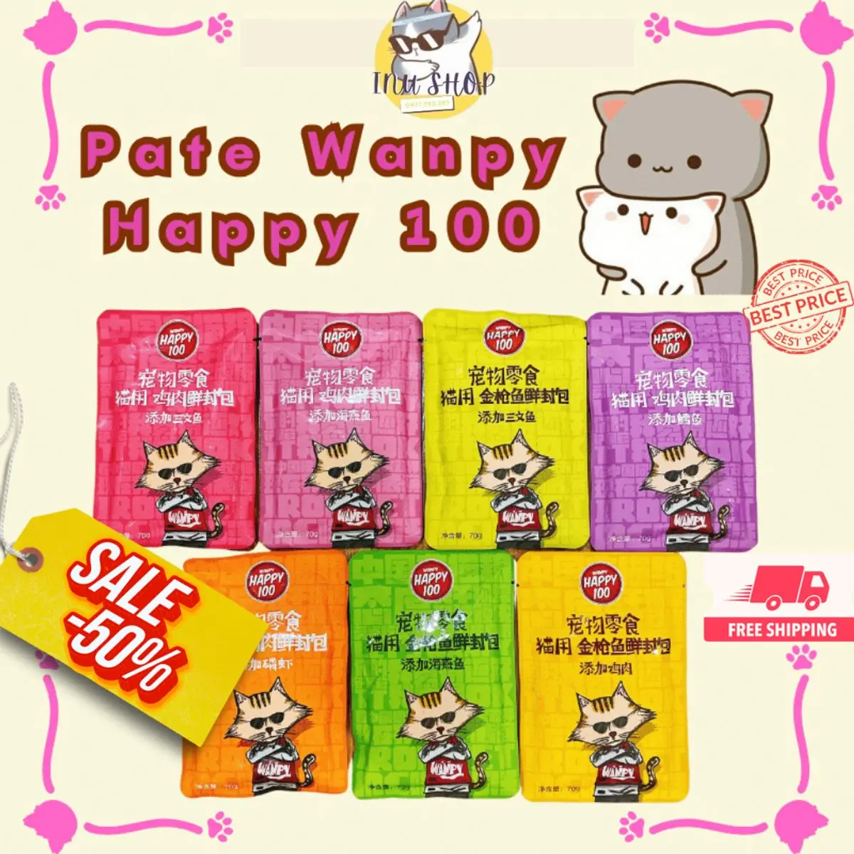 Pate Wanpy Happy 100, đủ 7 vị, gói 70g. Pate cho mèo bán chạy nḣất Việt Nam. Thức ăn cho mèo con kén ăn.