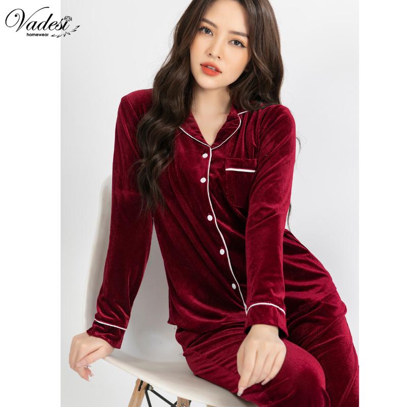 Đồ Bộ Thu Đông Nữ VADESI Set Pijama Giữ Nhiệt Dài Tay Nhung Tăm Cao Cấp Mùa Đông Mặc Nhà Sau Sinh Đẹp Mềm Mại Áo Lịch