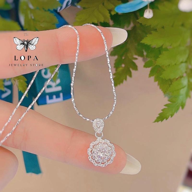 Full box+ KÈM NƯỚC RỬA BẠC Dây chuyền bạc nữ LoPa dây mì phay mặt hoa khe đính đá LoPa Jewelry