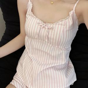 ชุดนอนพร้อมแผ่นรอง, OOTD, สำหรับผู้หญิง, ลายทางสีชมพู, เสื้อชั้นในฤดูร้อน, กางเกงขาสั้นทรงตรงหลวม, เหมาะสำหรับฤดูใบไม้ผลิและฤดูใบไม้ร่วง