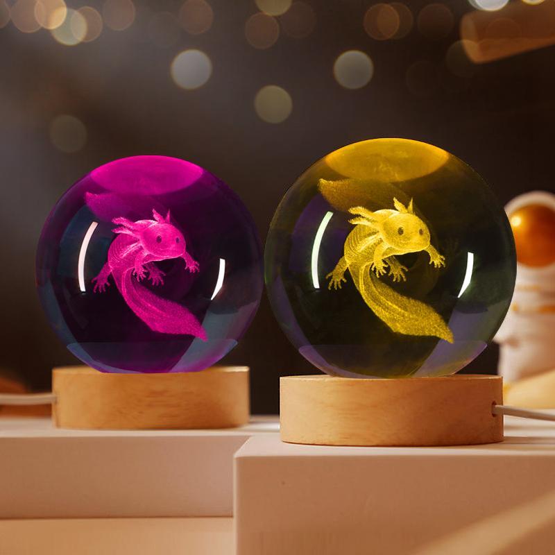 3D Crystal Glass Ball Night Light, USB Powered Amphibious Axolotl Design Decorative Light, Desk Ornament Light For Bedroom Living Room Decor 3