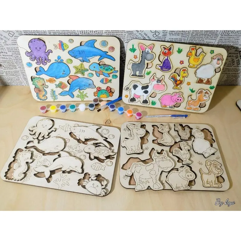 Bộ Xếp Hình Tô Màu Động Vật Cao cấp kích thước 300x200x8mm kèm cọ vẽ và màu sơn. 3