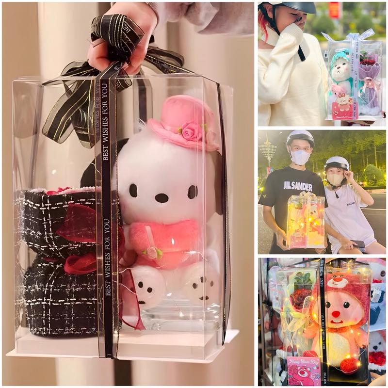 Hộp Quà Tặng Đẹp - Gấu Bông Đáng Yêu Tự Ráp  Kèm Hoa sáp Đèn Thiệp Xinh Dành Tặng Bạn Gái Bạn Bè Vào Dịp 8/3 valentines Sinh Nhật Phù Hợp Mọi Lứa Tuổi