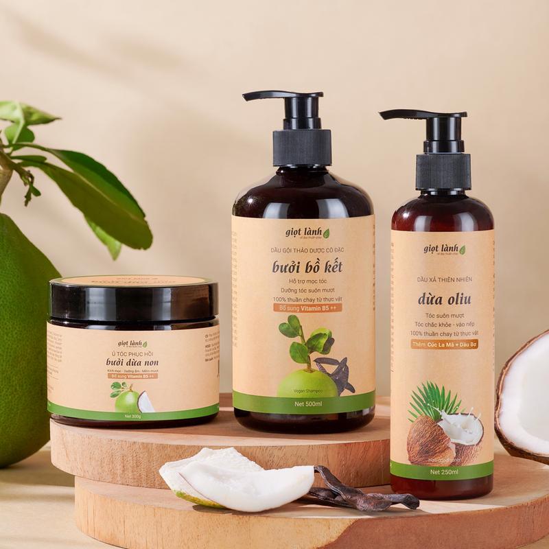 Combo Dầu gội Thảo dược - Dầu xả dừa Oliu - Ủ tóc hỗ trợ chăm sóc tóc, kích mọc Giọt Lành Dưỡng Tóc