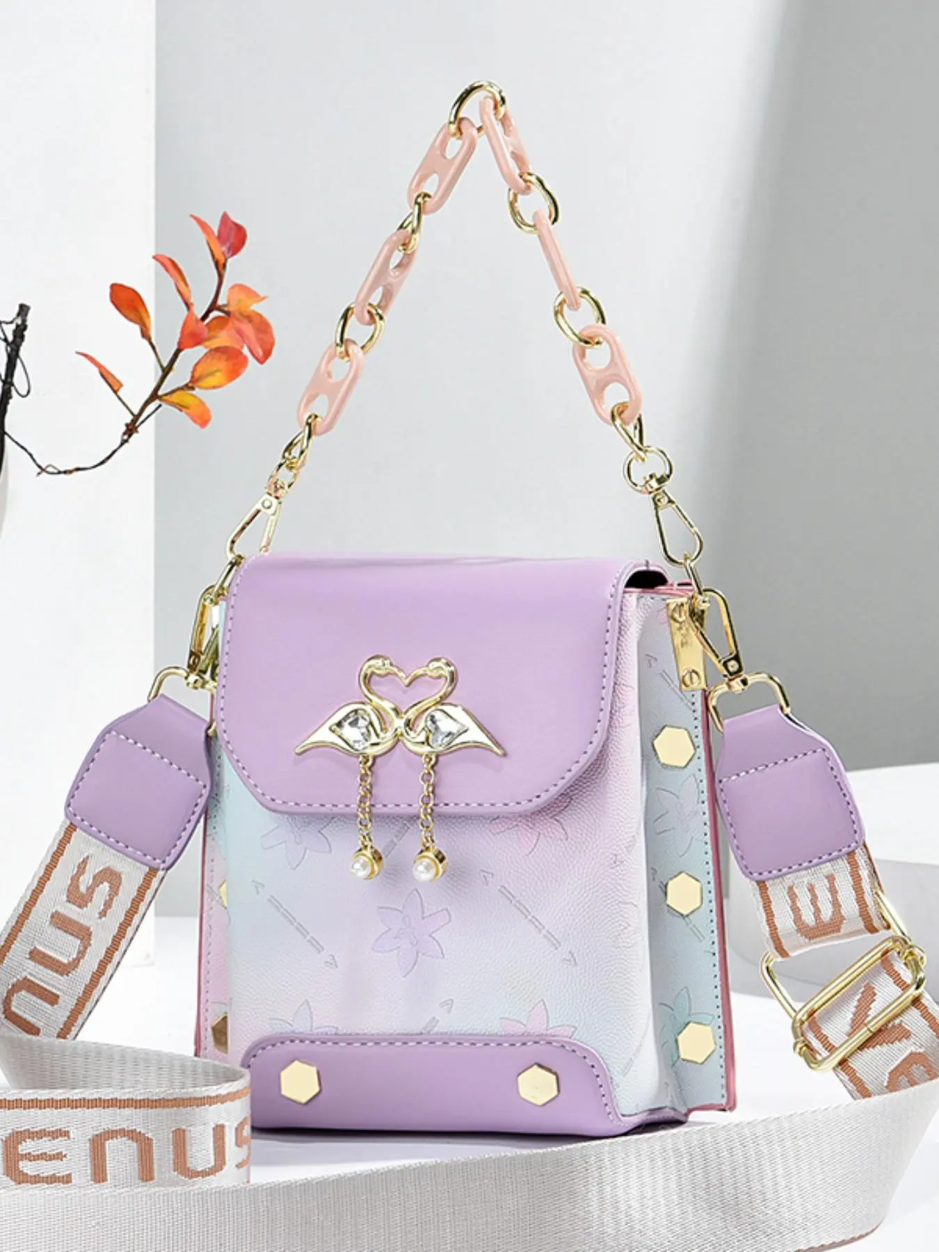 Fashionable Swan & Faux Pearls Decor Crossbody Bag, Casual PU Leather Floral Embossed Ombre Shoulder Bag for Women, Trendy All-match Commuter Bag for Daily Used