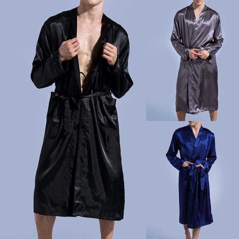 pofstac-Men Bathrobe Solid Color Silky Smooth Soft Sleeping Robes ...